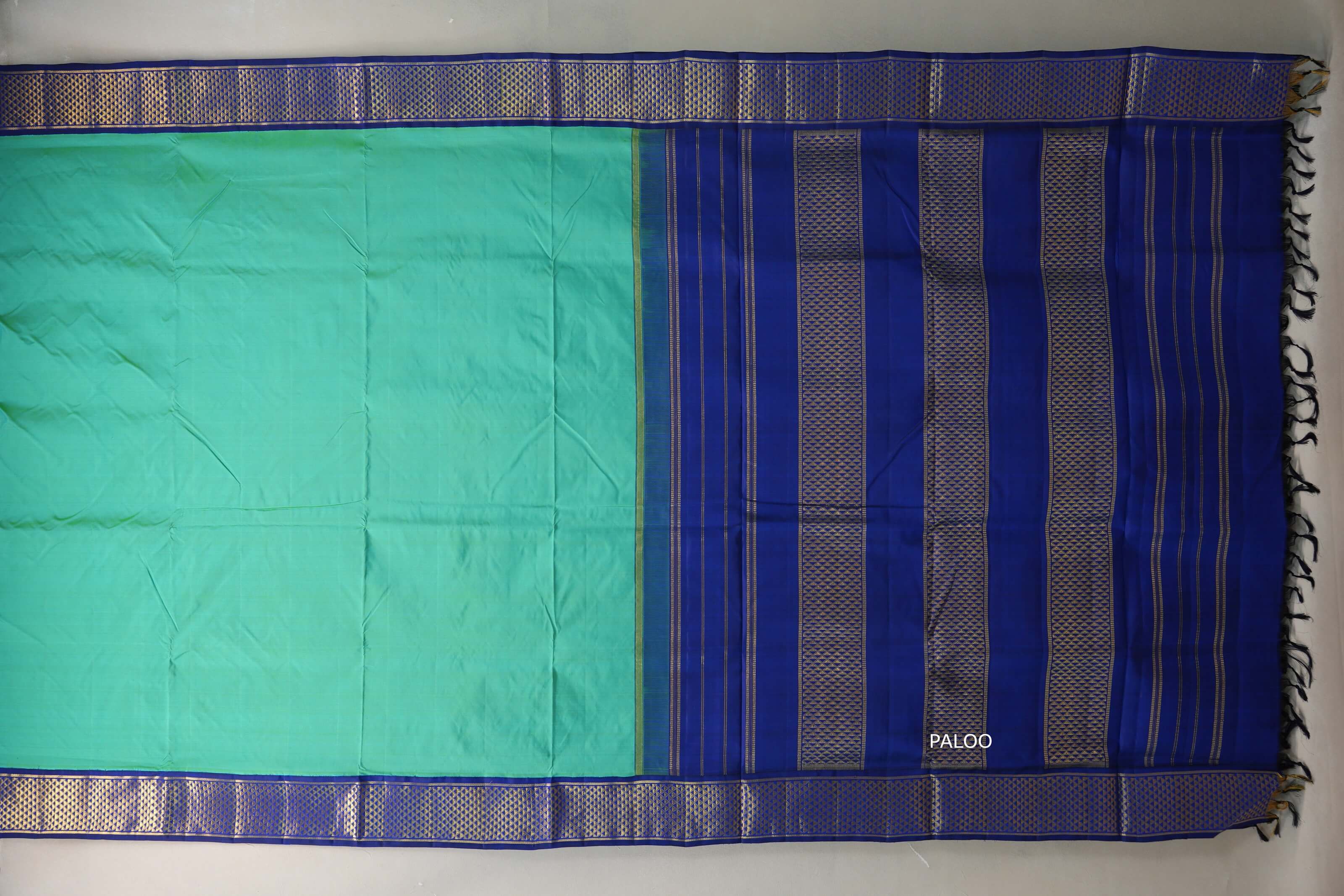 Mint green with Deep Blue borders Ten Yards Silk Saree SS9563