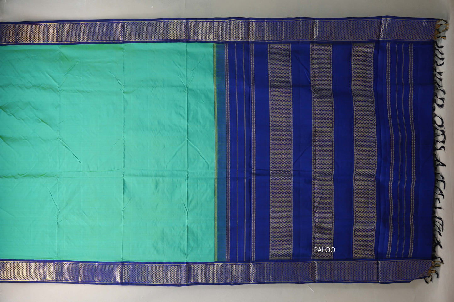 Mint green with Deep Blue borders Ten Yards Silk Saree SS9563