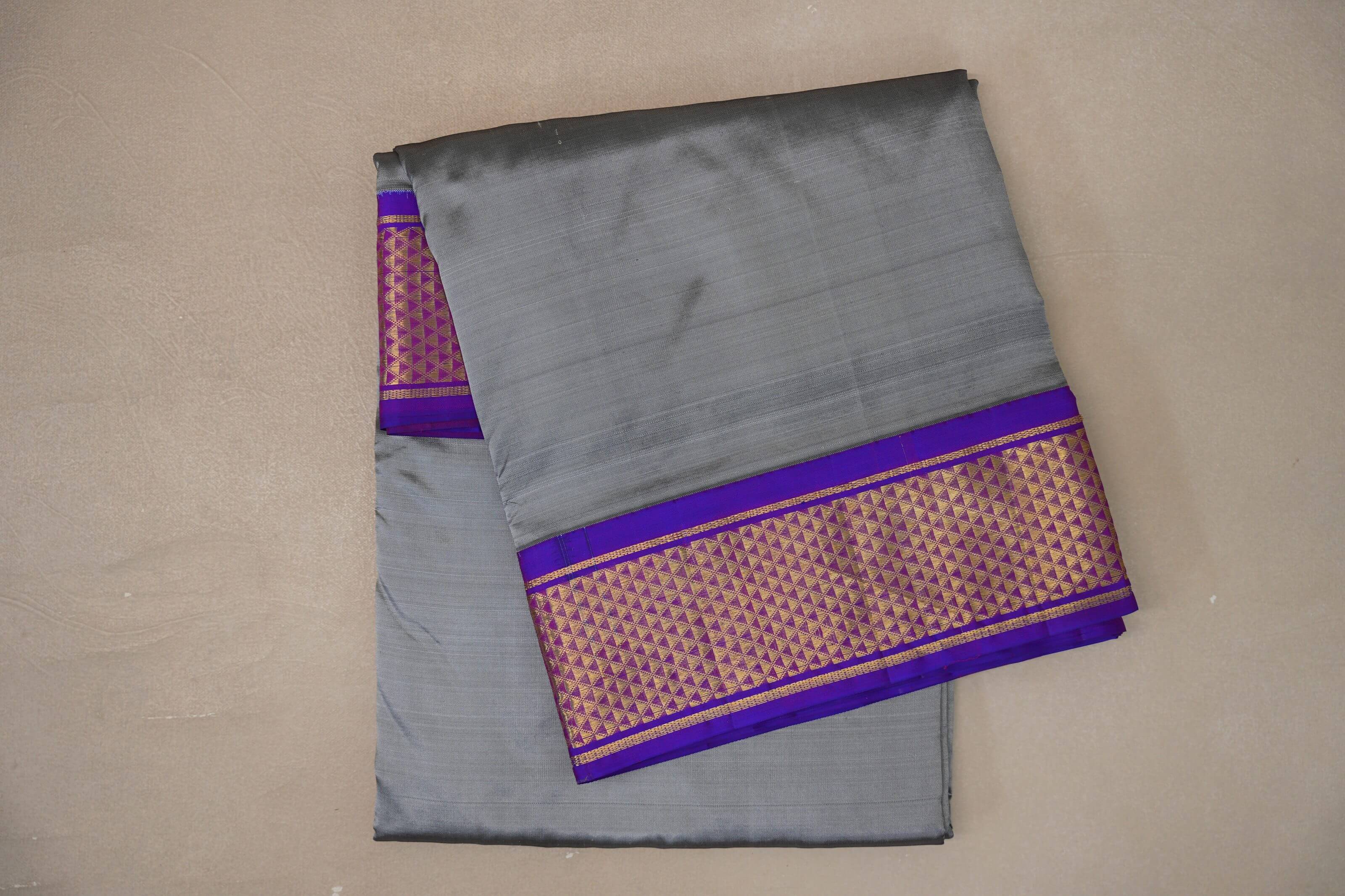 Warm grey with Royal Purple borders Ten Yards Silk Saree SS9564