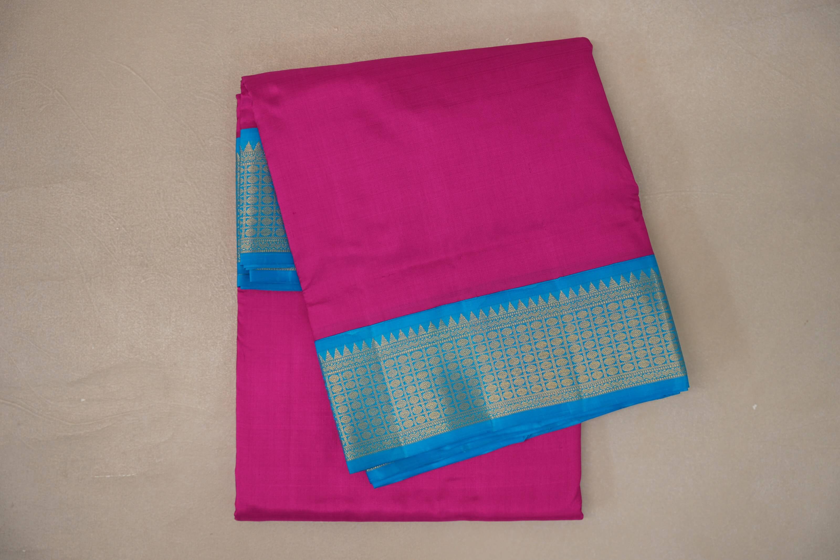 Bright Rani Pink with aqua blue borders Ten Yards Silk Saree SS9565