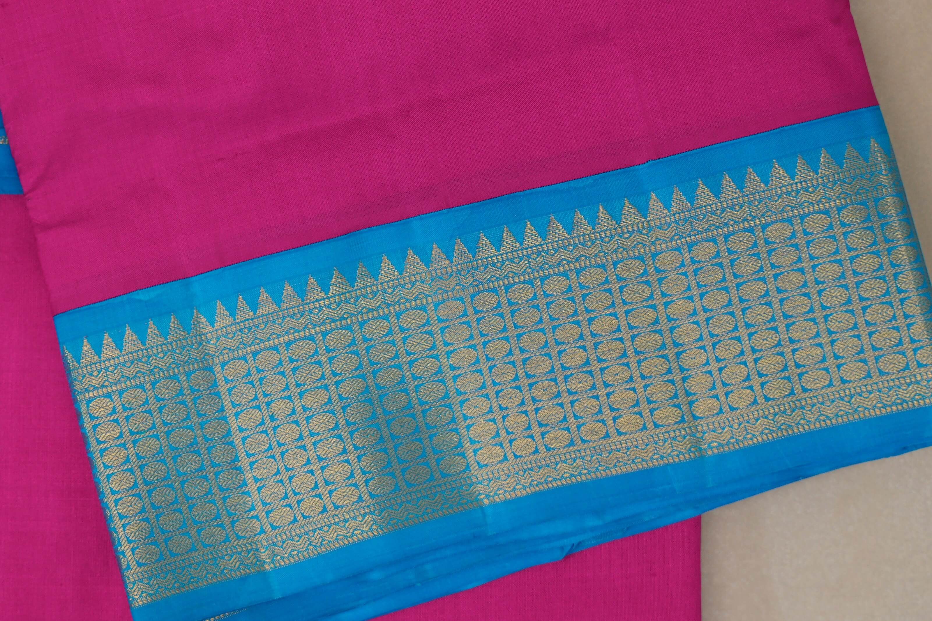 Bright Rani Pink with aqua blue borders Ten Yards Silk Saree SS9565