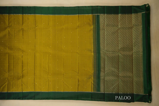 Olive Mustard with Bottle Green Borders Vintage Kanjivaram Silk Saree paloo