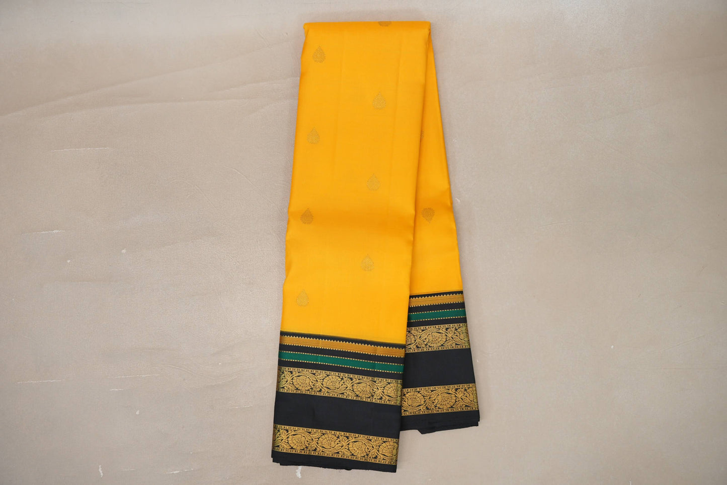Online Mango Yellow with Black Rettai Pettu Borders Vintage Kanjivaram Silk Saree