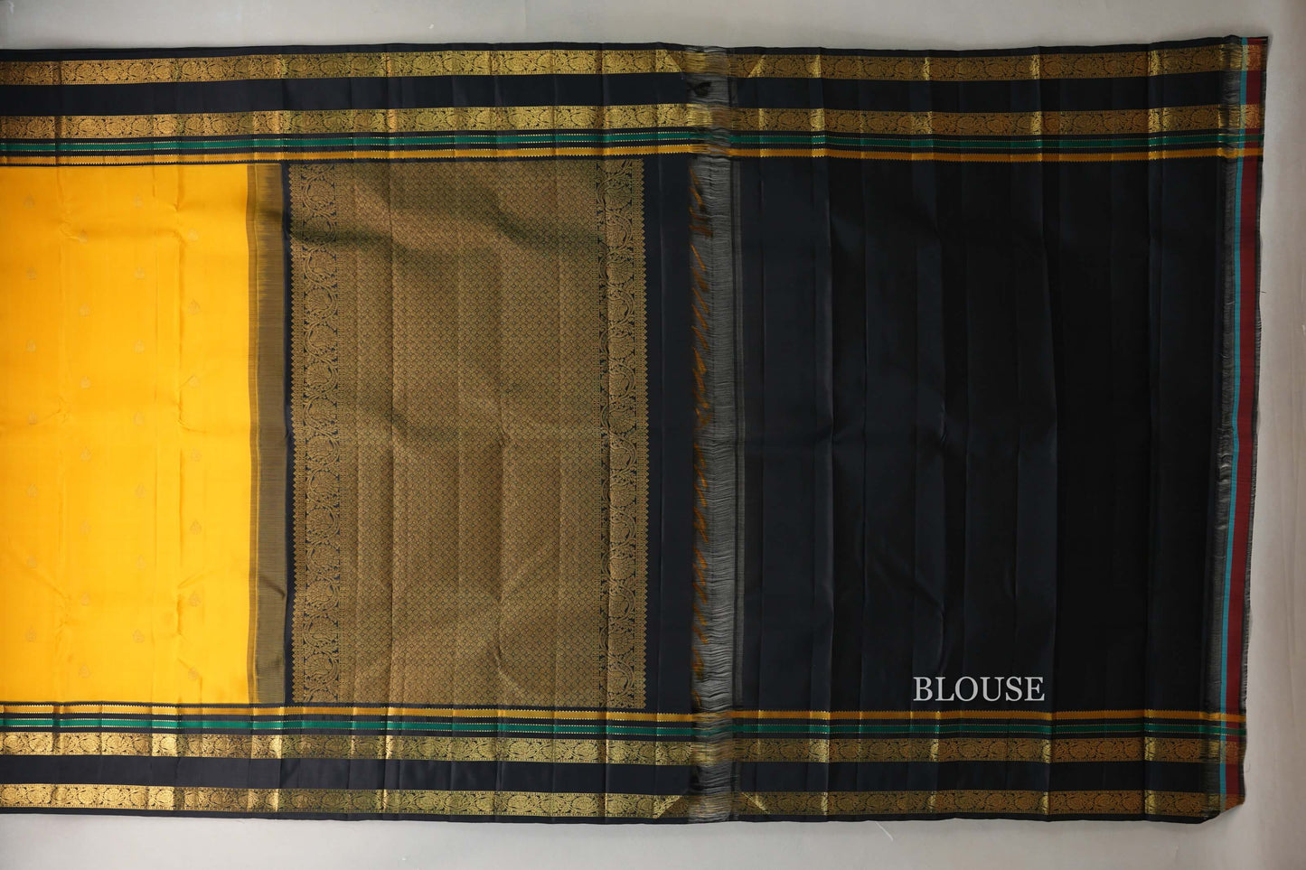 Mango Yellow with Black Rettai Pettu Borders Vintage Kanjivaram Silk Saree blouse