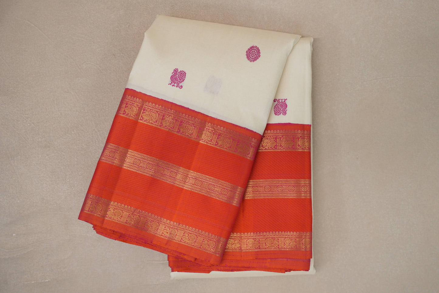 Cream with Pinkish Orange Rettai Pettu Borders Vintage Kanjivaram Silk Saree
