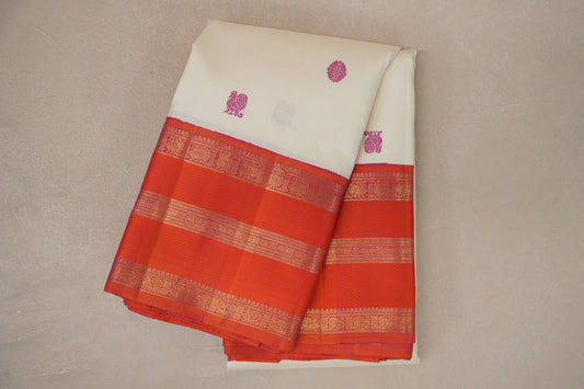 Cream with Pinkish Orange Rettai Pettu Borders Vintage Kanjivaram Silk Saree