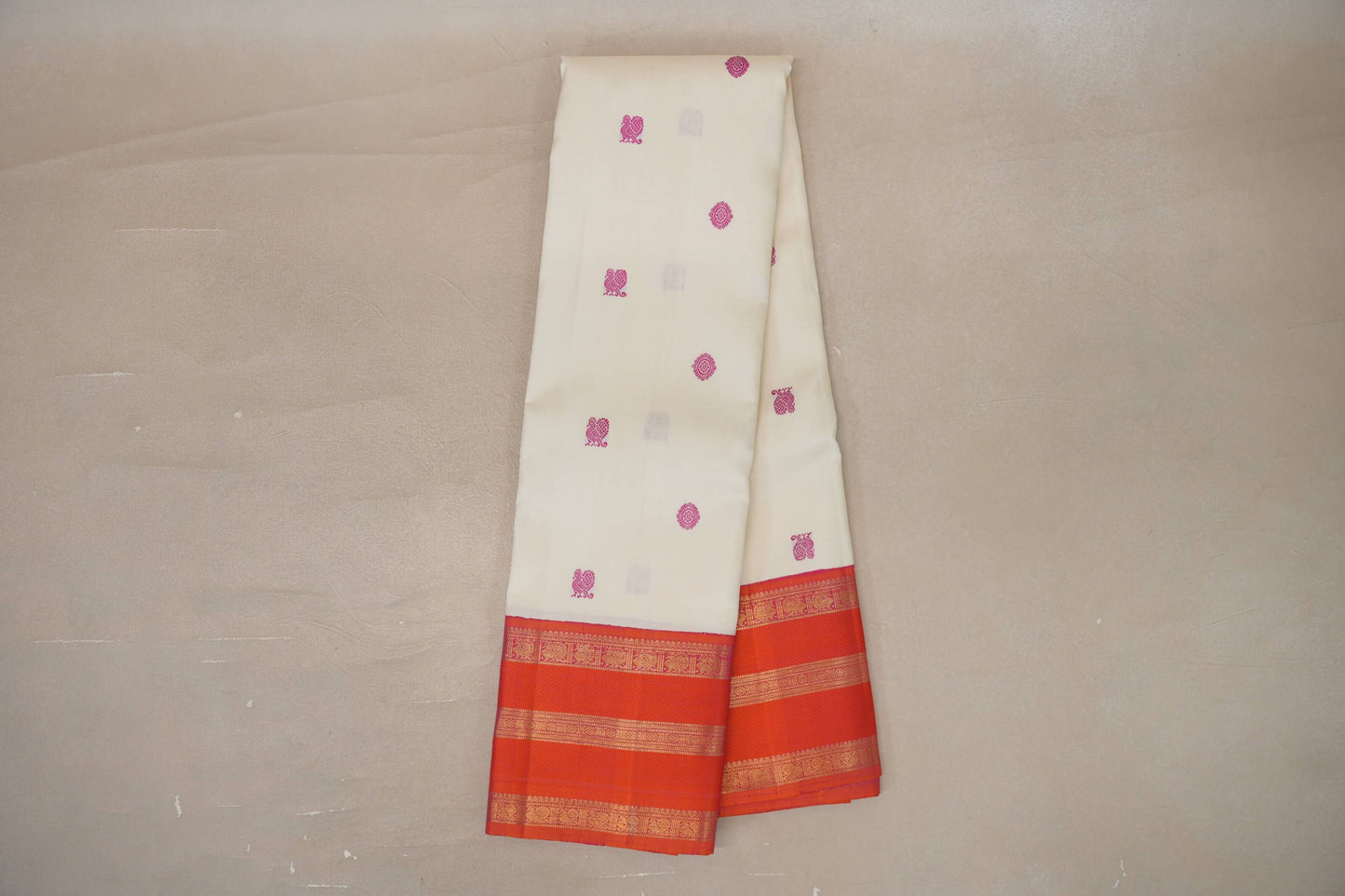 Online Cream with Pinkish Orange Rettai Pettu Borders Vintage Kanjivaram Silk Saree