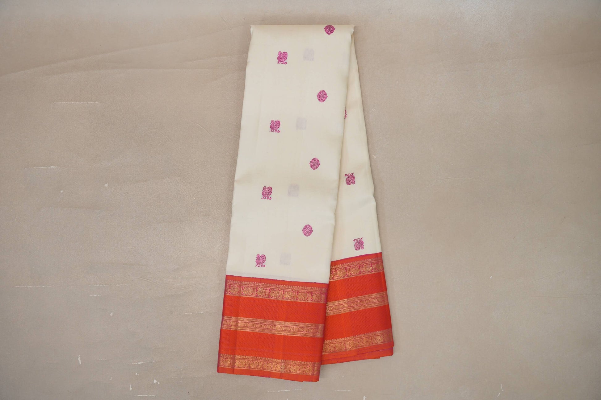 Online Cream with Pinkish Orange Rettai Pettu Borders Vintage Kanjivaram Silk Saree