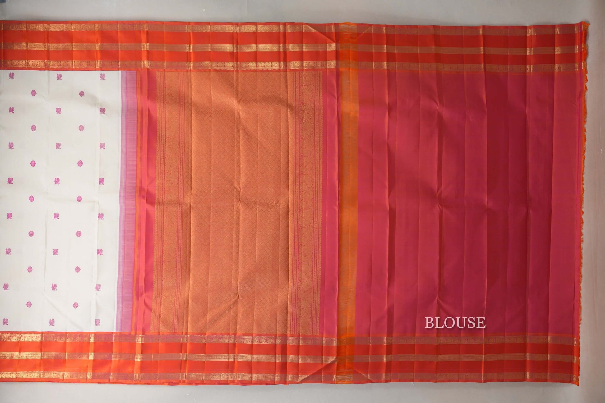 Cream with Pinkish Orange Rettai Pettu Borders Vintage Kanjivaram Silk Saree blouse