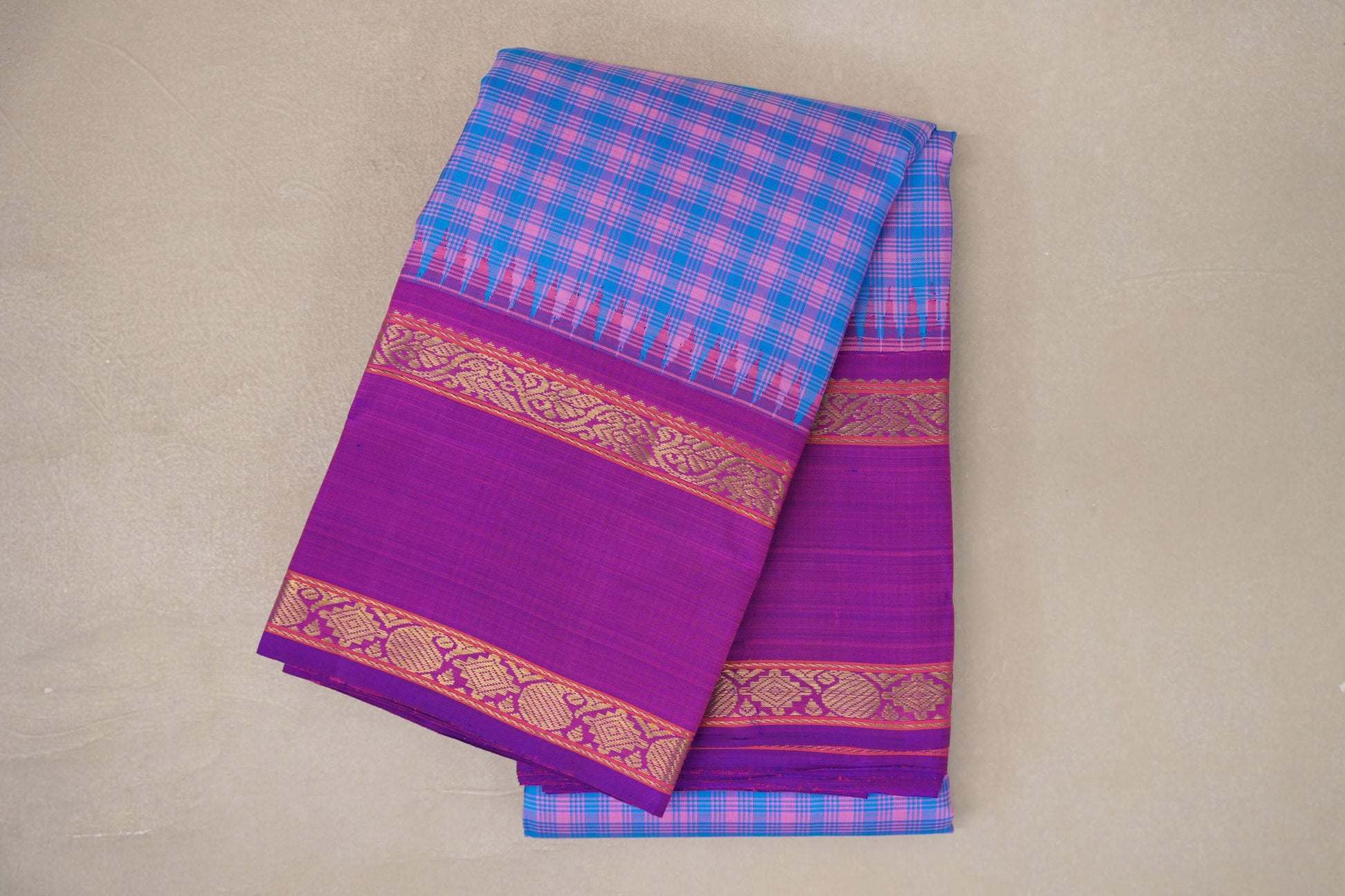 Sky Blue with Pink Checks with Rettai Pettu Borders Vintage Kanjivaram Silk Saree