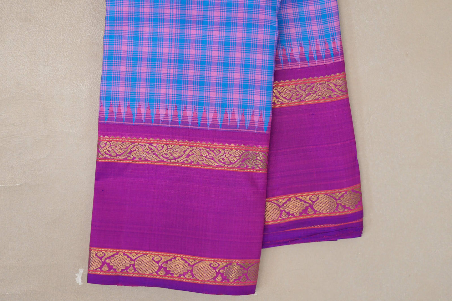 Sky Blue with Pink Checks Vintage Kanjivaram Silk Saree rettai pettu border