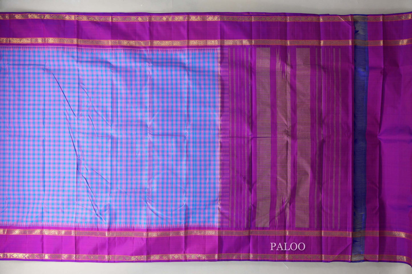 Sky Blue with Pink Checks with Rettai Pettu Borders Vintage Kanjivaram Silk Saree paloo