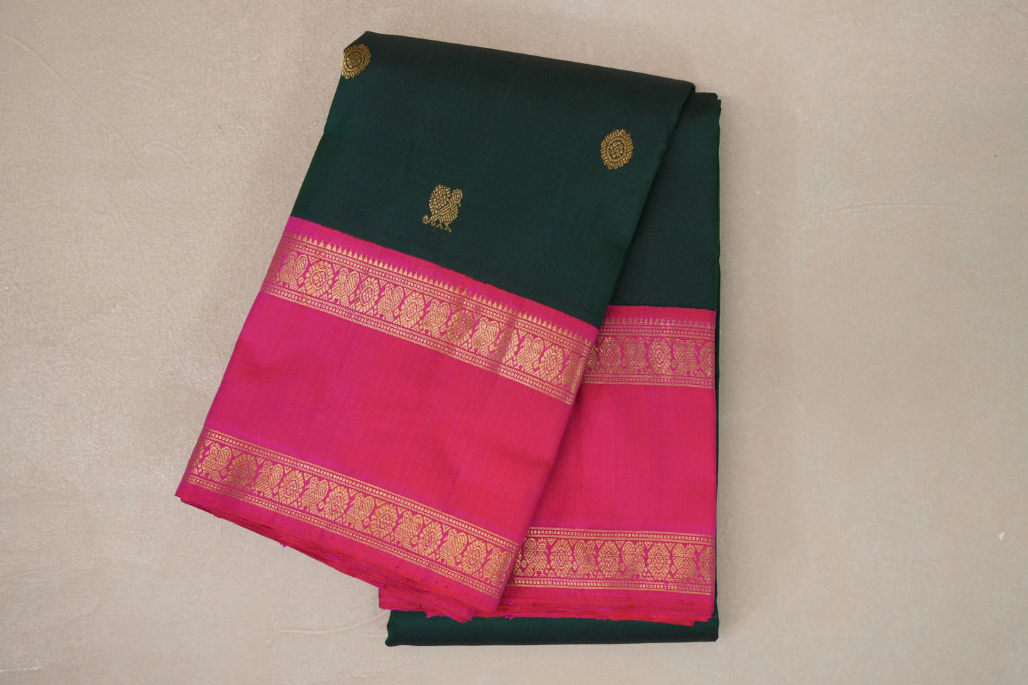 Deep Bottle Green with Orangish Pink Rettai Pettu Borders Vintage Kanjivaram Silk Saree