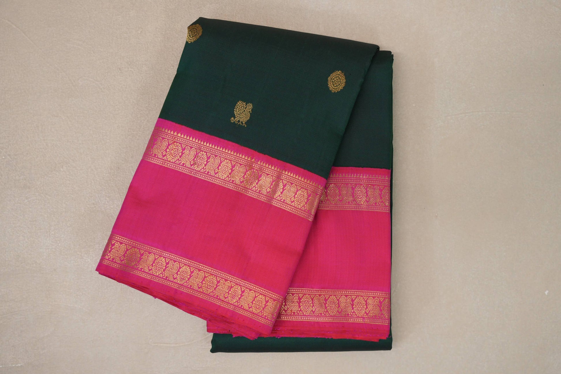 Deep Bottle Green with Orangish Pink Rettai Pettu Borders Vintage Kanjivaram Silk Saree