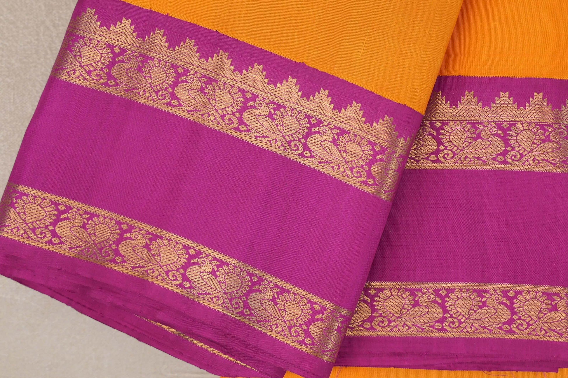 Mango Orange Vintage Kanjivaram Silk Saree rettai pettu border