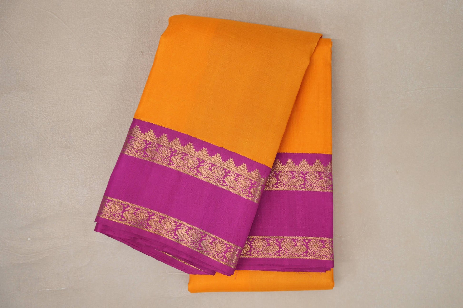 Mango Orange with Bright Magenta Rettai Pettu Borders Vintage Kanjivaram Silk Saree
