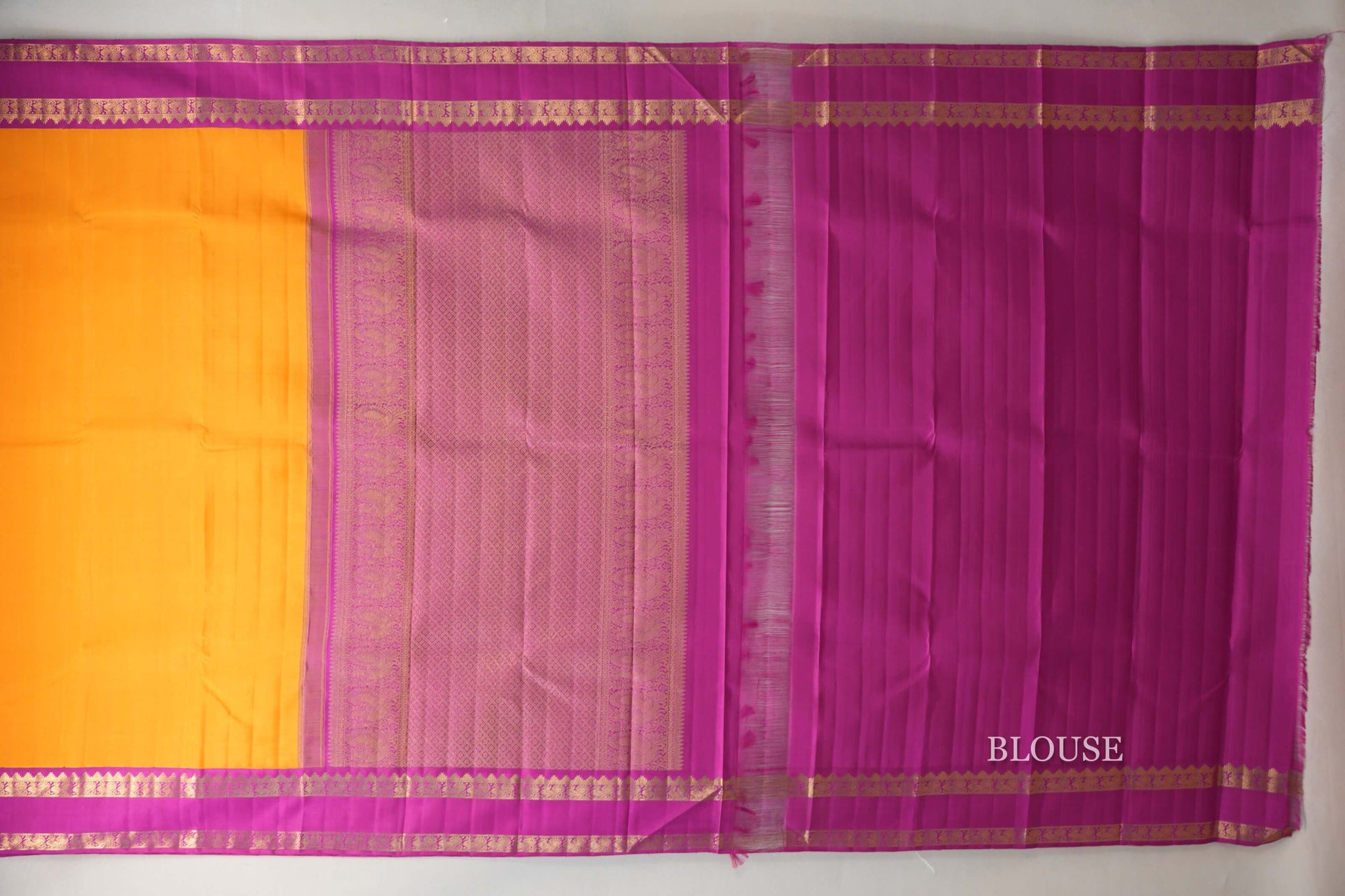 Mango Orange with Bright Magenta Rettai Pettu Borders Vintage Kanjivaram Silk Saree blouse