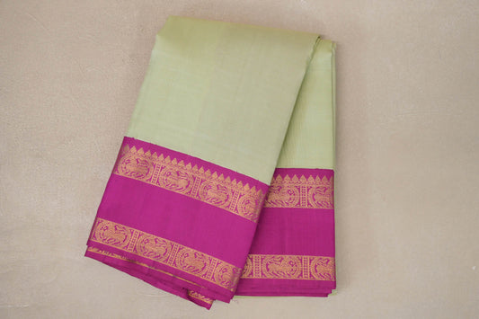 Pastel Pistachio Green with Bright Magenta Rettai Pettu Borders Vintage Kanjivaram Silk Saree