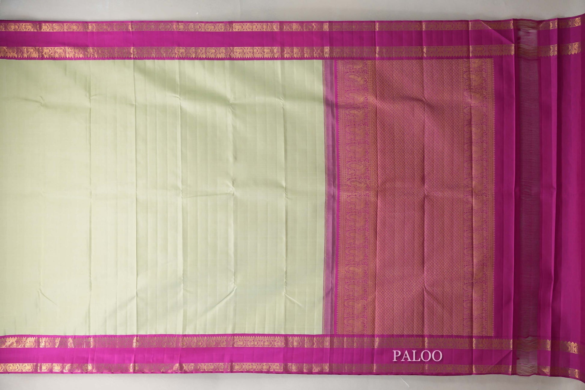 Pastel Pistachio Green with Bright Magenta Rettai Pettu Borders Vintage Kanjivaram Silk Saree paloo