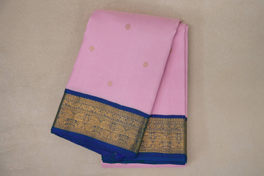 Baby Pink with Peacock Blue Borders Vintage Kanjivaram Silk Saree SS9574