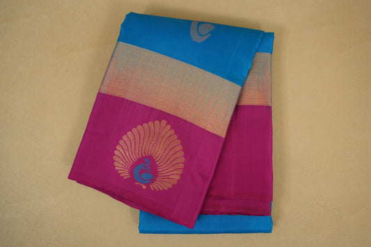 folded Bright Blue with Pink Borders Light Weight Kanchipuram Silk Saree
