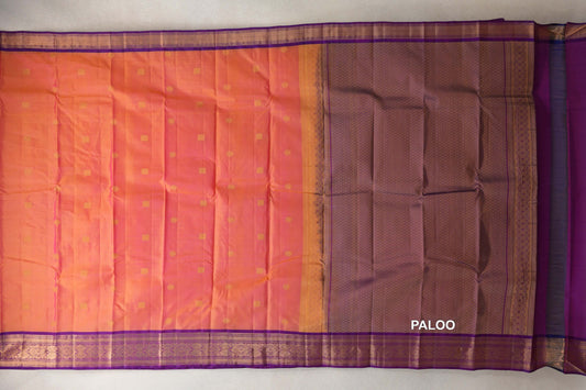 Lightweight Kanchipuram silk saree laid out with a pink and yellow body, small gold motifs, violet purple borders and a lattice-patterned pallu.