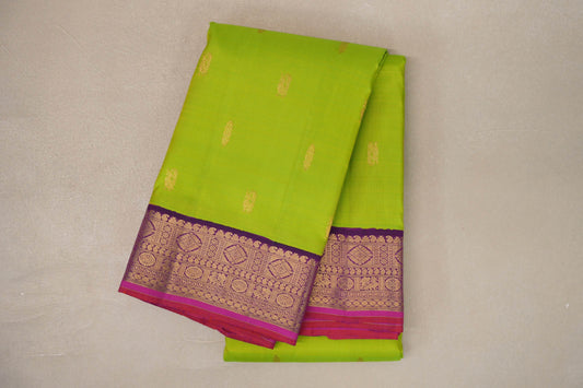 Lime Green with Deep Purple Borders Vintage Kanjivaram Silk Saree