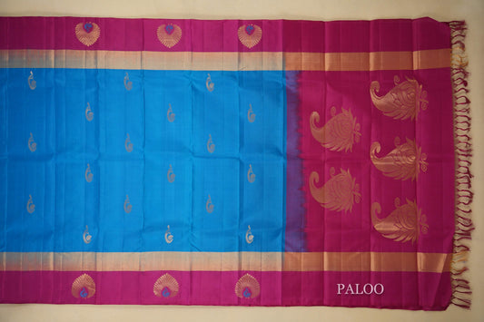 Bright Blue with Pink Borders Light Weight Kanchipuram Silk Saree paloo