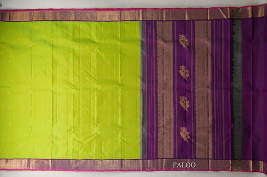 Lime Green with Deep Purple Borders Vintage Kanjivaram Silk Saree paloo