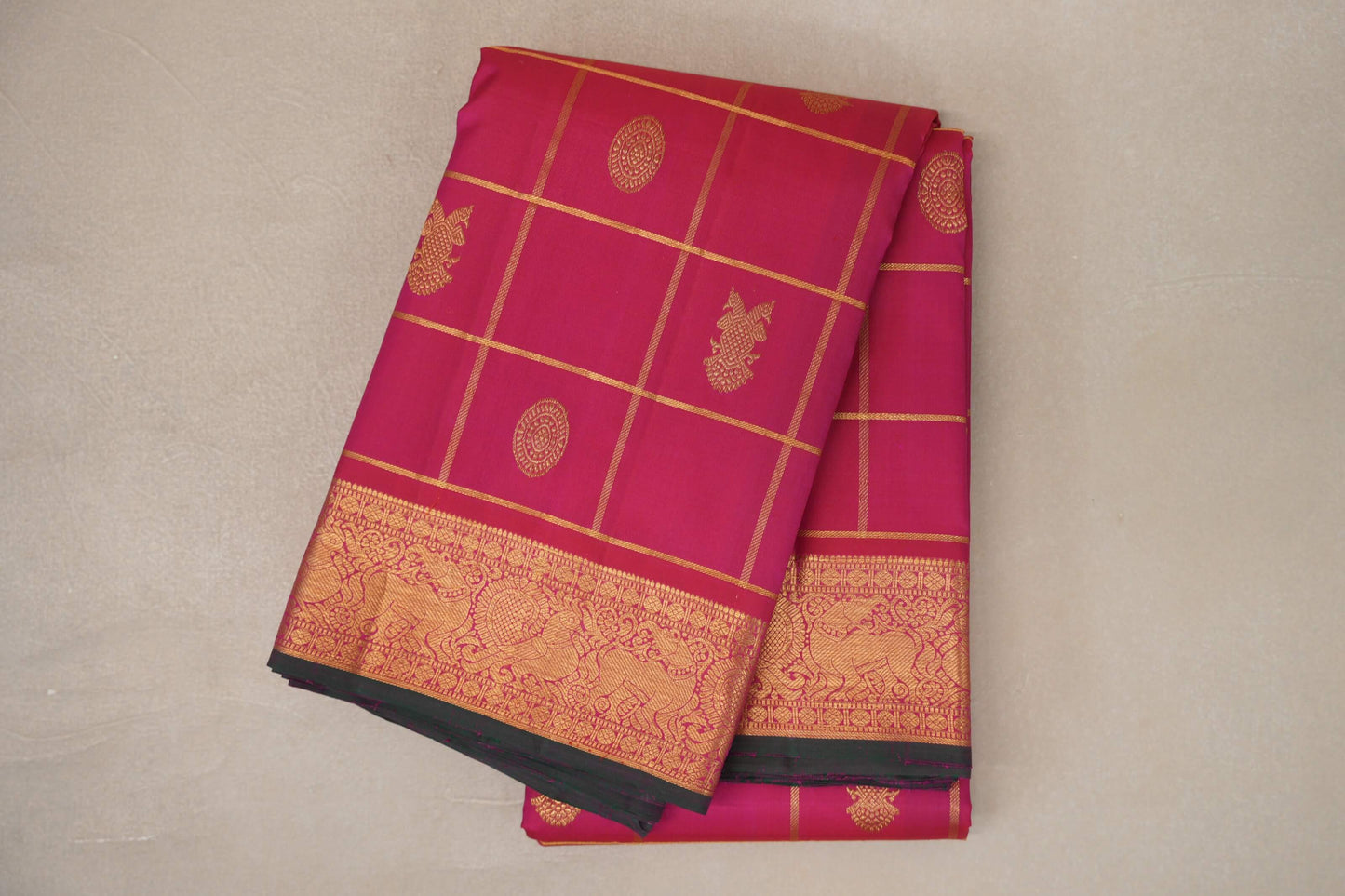 Reddish Pink with Zari Checks Vintage Kanjivaram Silk Saree