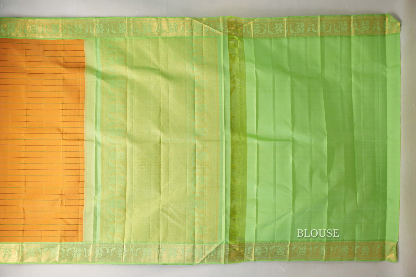 Mango Yellow with Pastel Green Borders Vintage Kanjivaram Silk Saree blouse