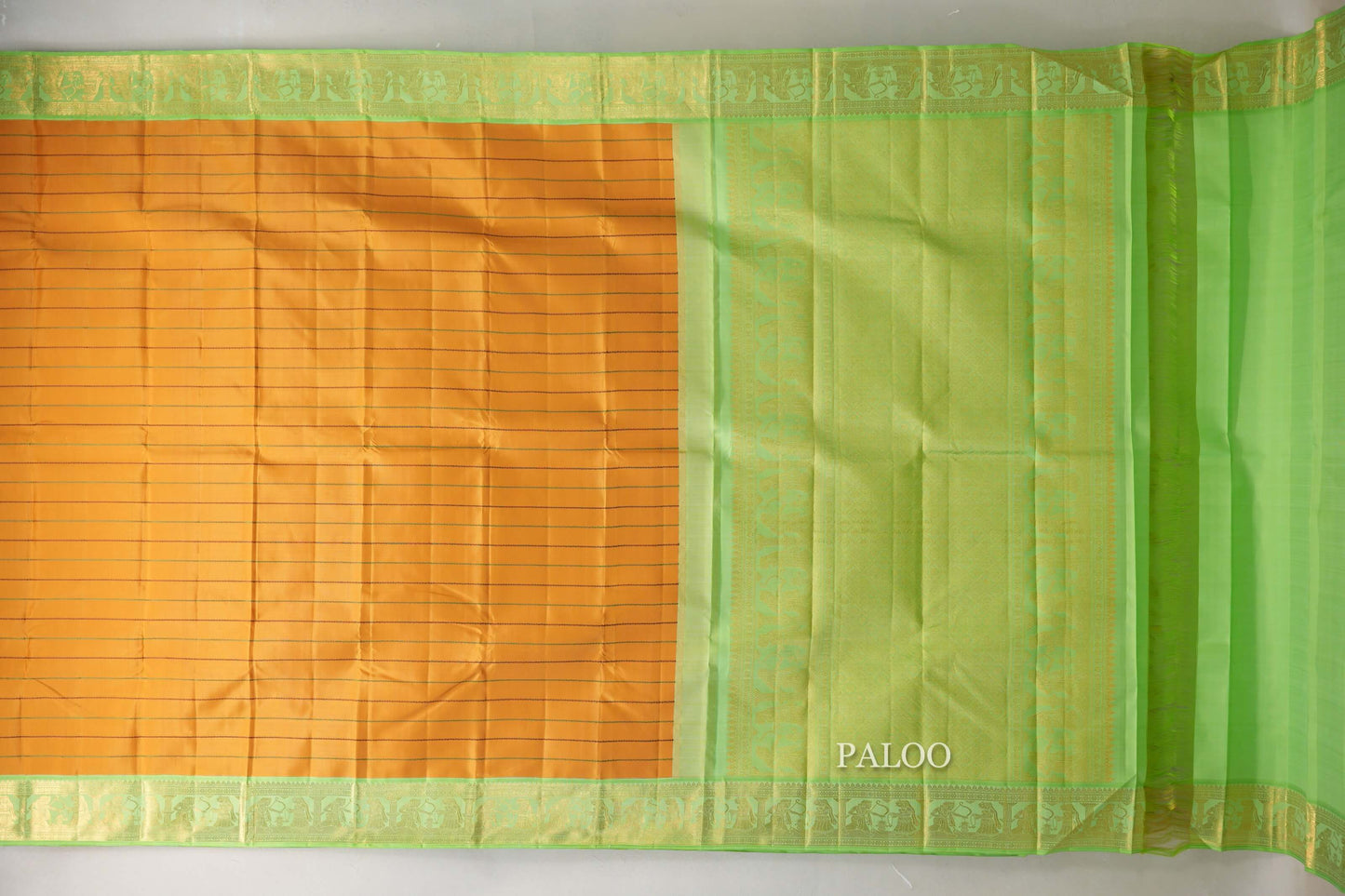 Mango Yellow with Pastel Green Borders Vintage Kanjivaram Silk Saree paloo