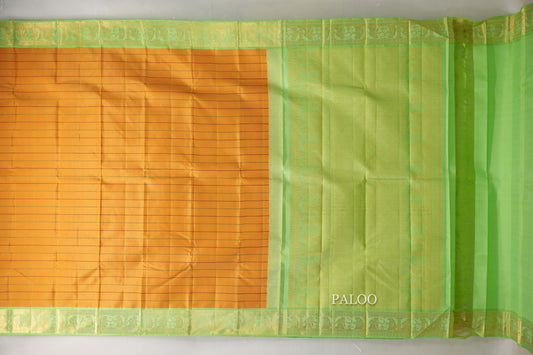 Mango Yellow with Pastel Green Borders Vintage Kanjivaram Silk Saree paloo