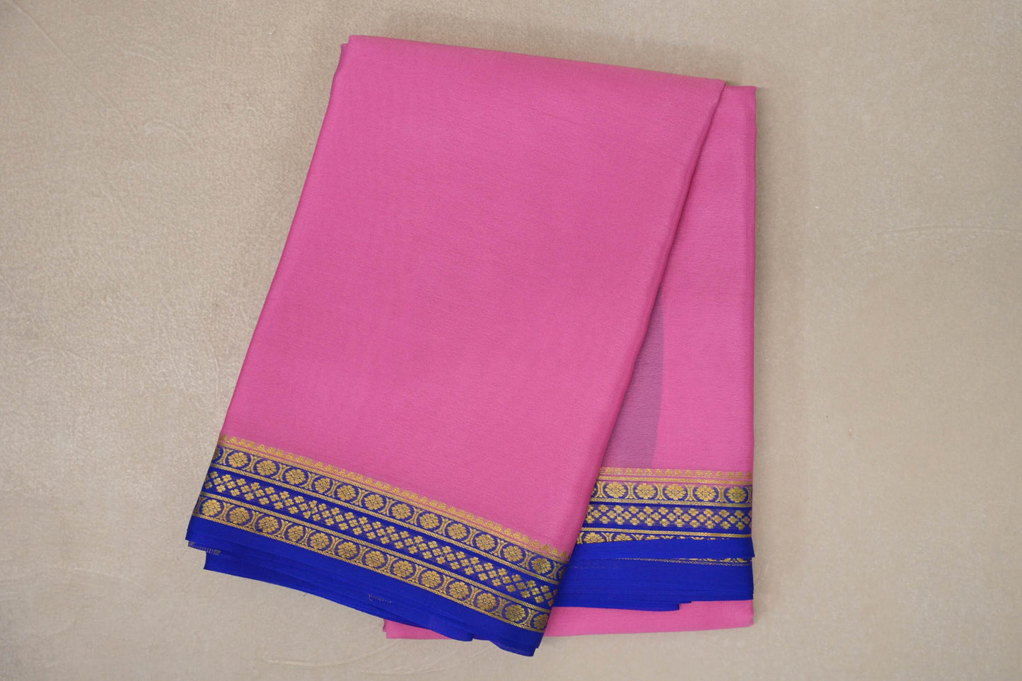 Rose Pink with Royal Blue Borders Mysore Silk Saree