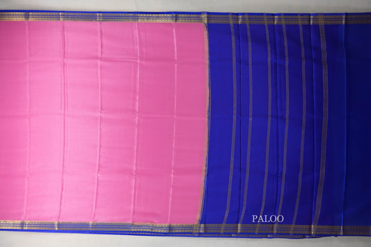 Rose Pink with Royal Blue Borders Mysore Silk Saree paloo