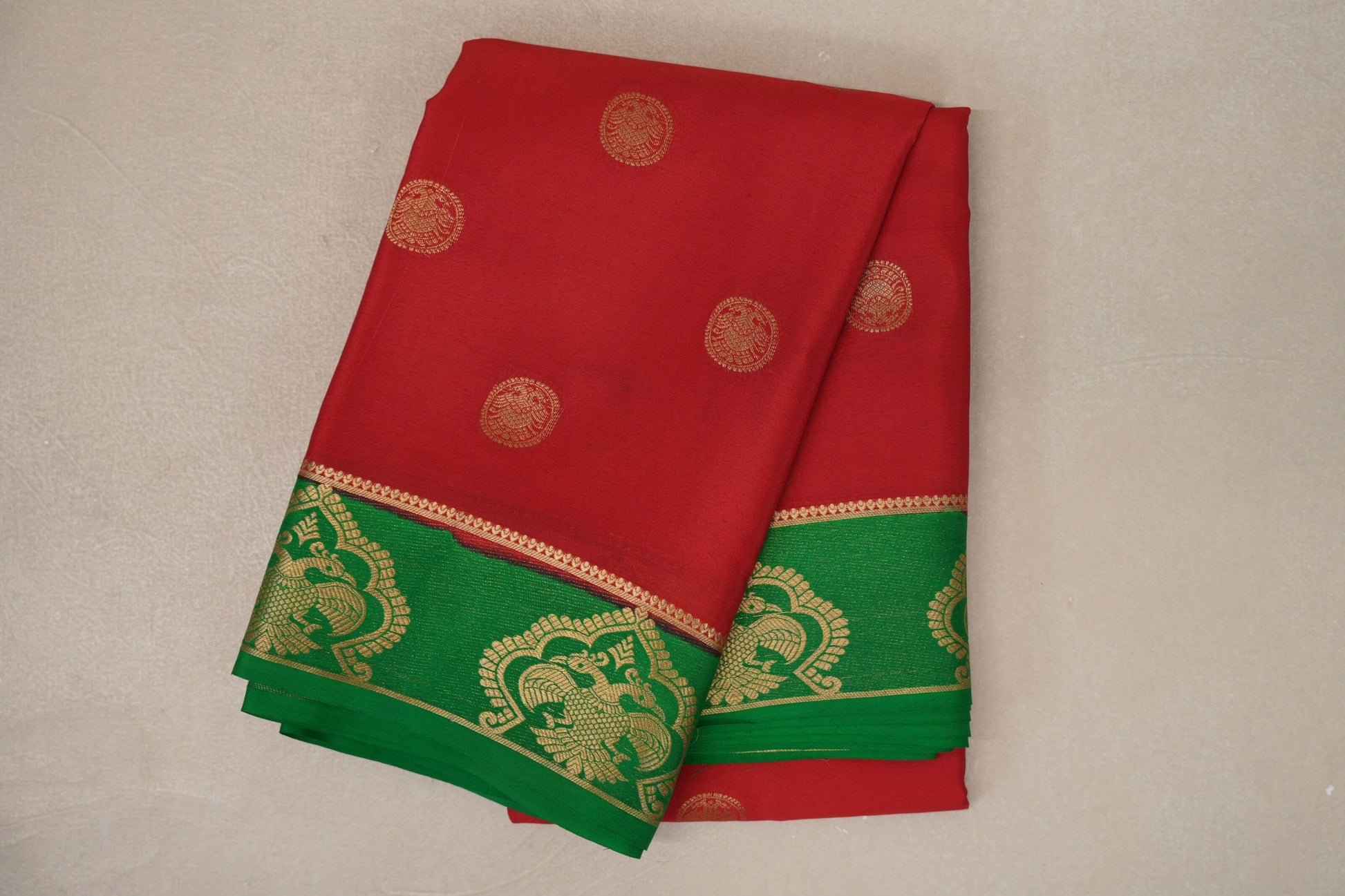 Bright Red with Emerald Green Borders Mysore Silk Saree