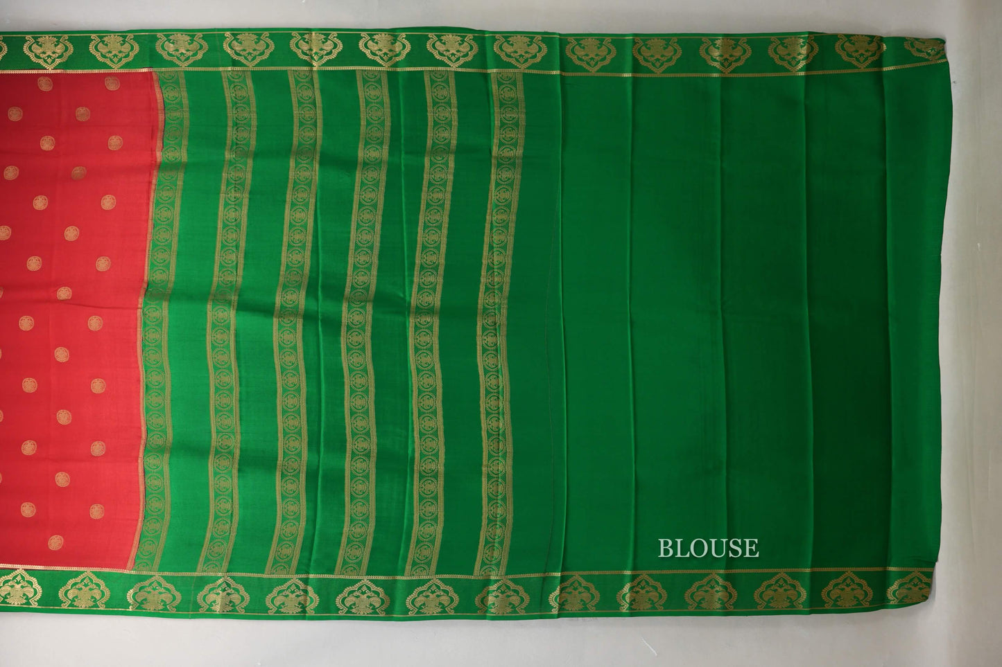 Bright Red with Emerald Green Borders Mysore Silk Saree blouse