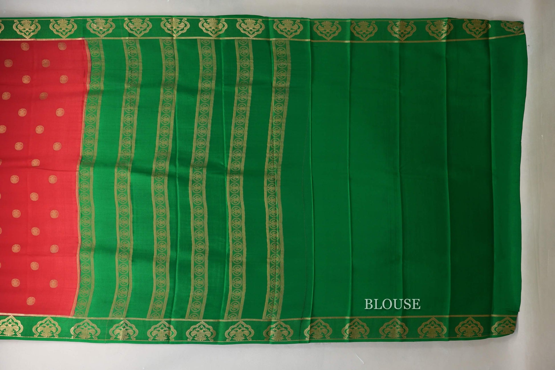 Bright Red with Emerald Green Borders Mysore Silk Saree blouse