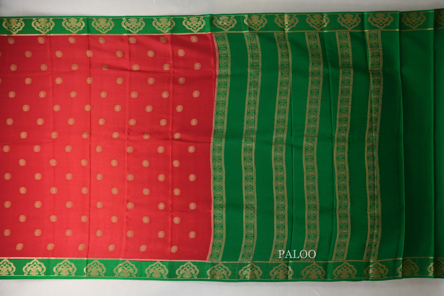 Bright Red with Emerald Green Borders Mysore Silk Saree paloo