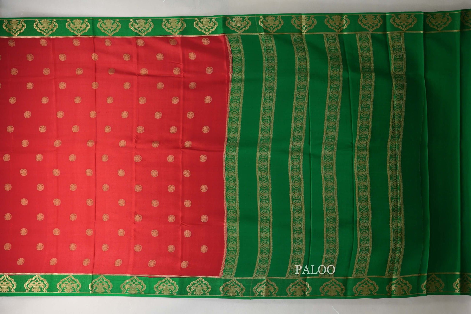 Bright Red with Emerald Green Borders Mysore Silk Saree paloo