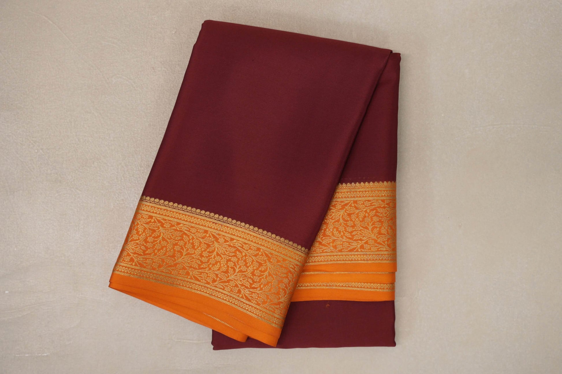 Deep Maroon with Mustard Orange Borders Mysore Silk Saree