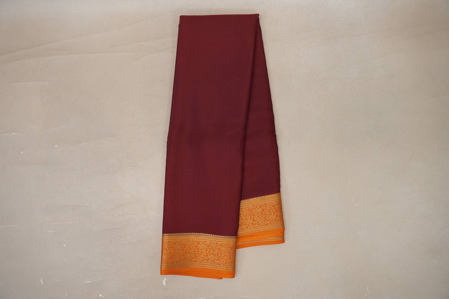 Online Deep Maroon with Mustard Orange Borders Mysore Silk Saree