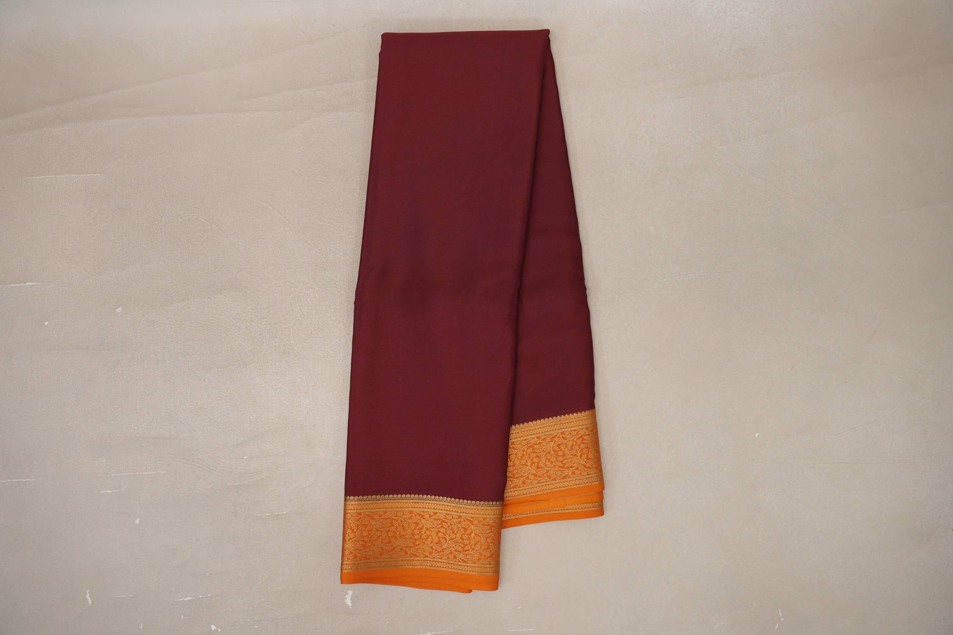 Online Deep Maroon with Mustard Orange Borders Mysore Silk Saree