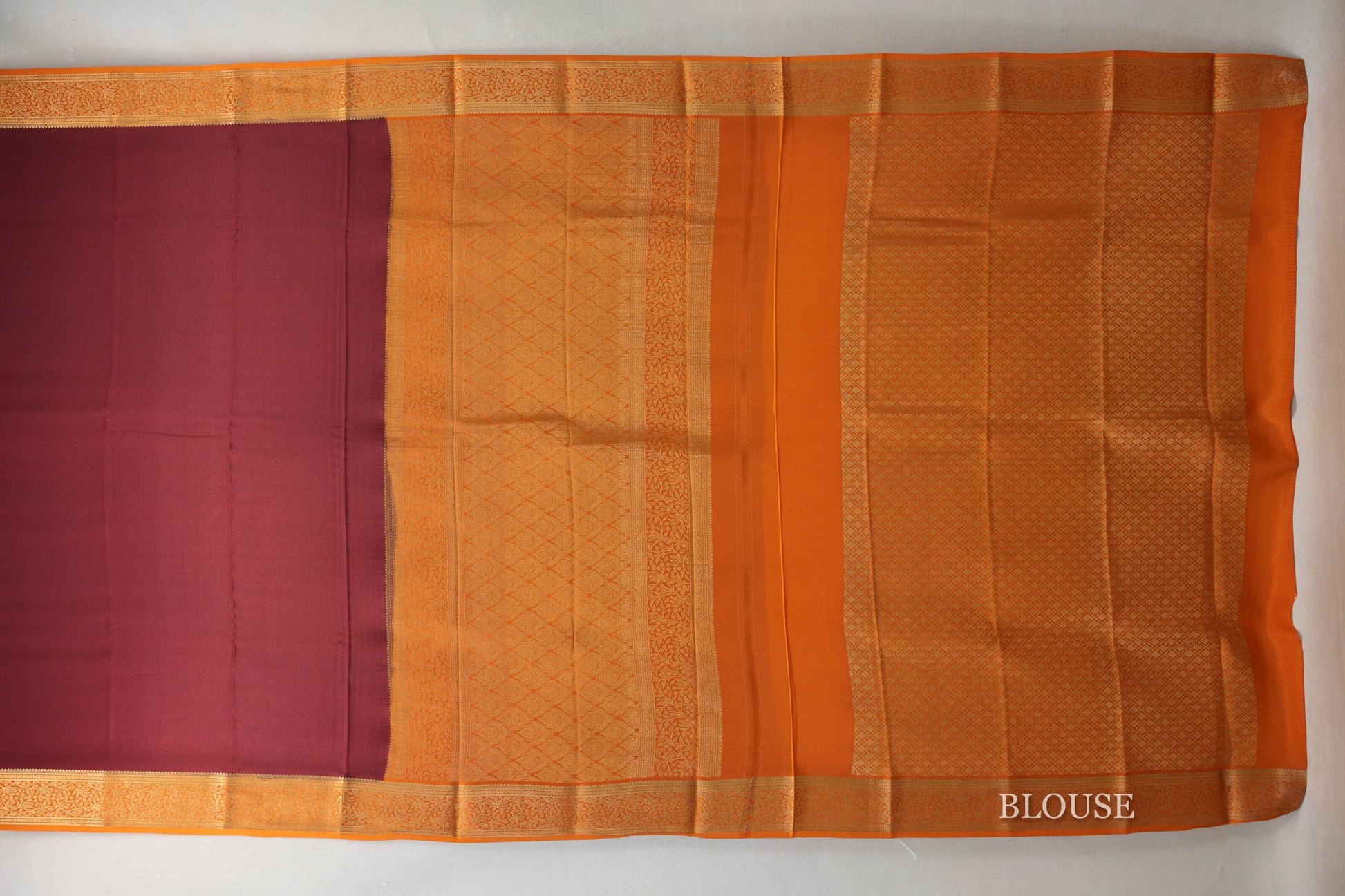 Deep Maroon with Mustard Orange Borders Mysore Silk Saree blouse