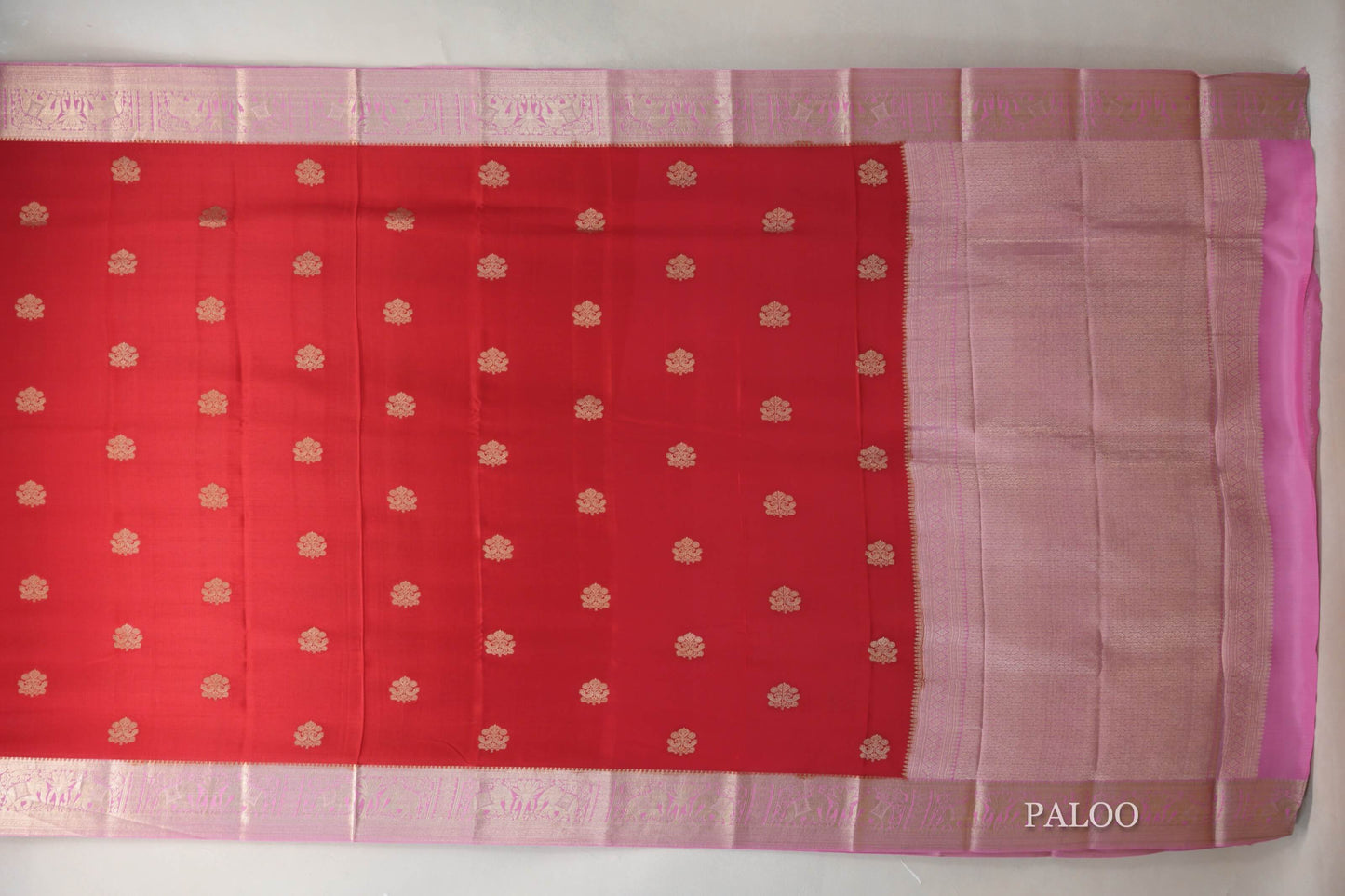 Bright Red with Rose Pink Borders Mysore Silk Saree paloo