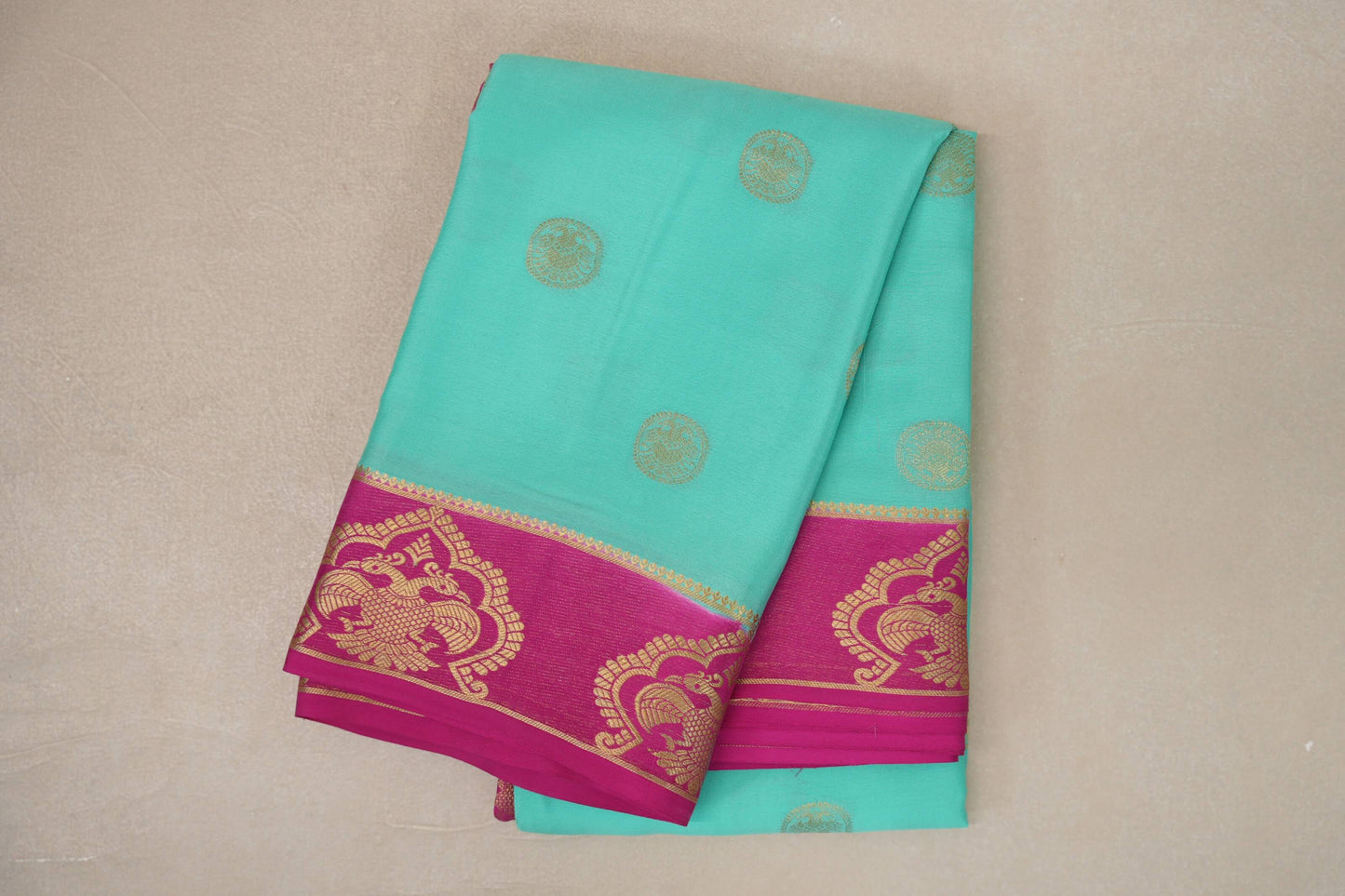 Aqua Blue with Rani Pink Borders Mysore Silk Saree
