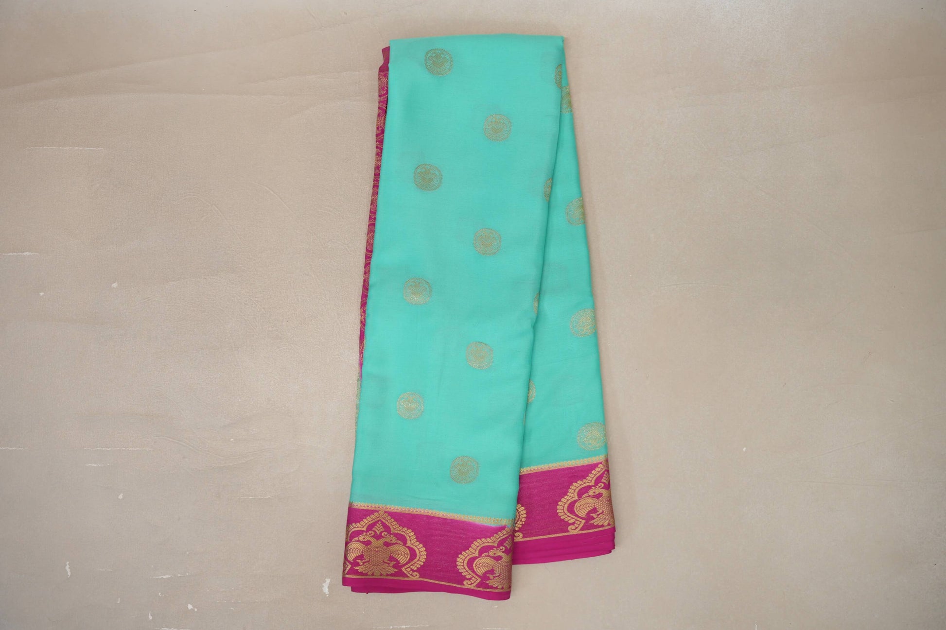 Online Aqua Blue with Rani Pink Borders Mysore Silk Saree