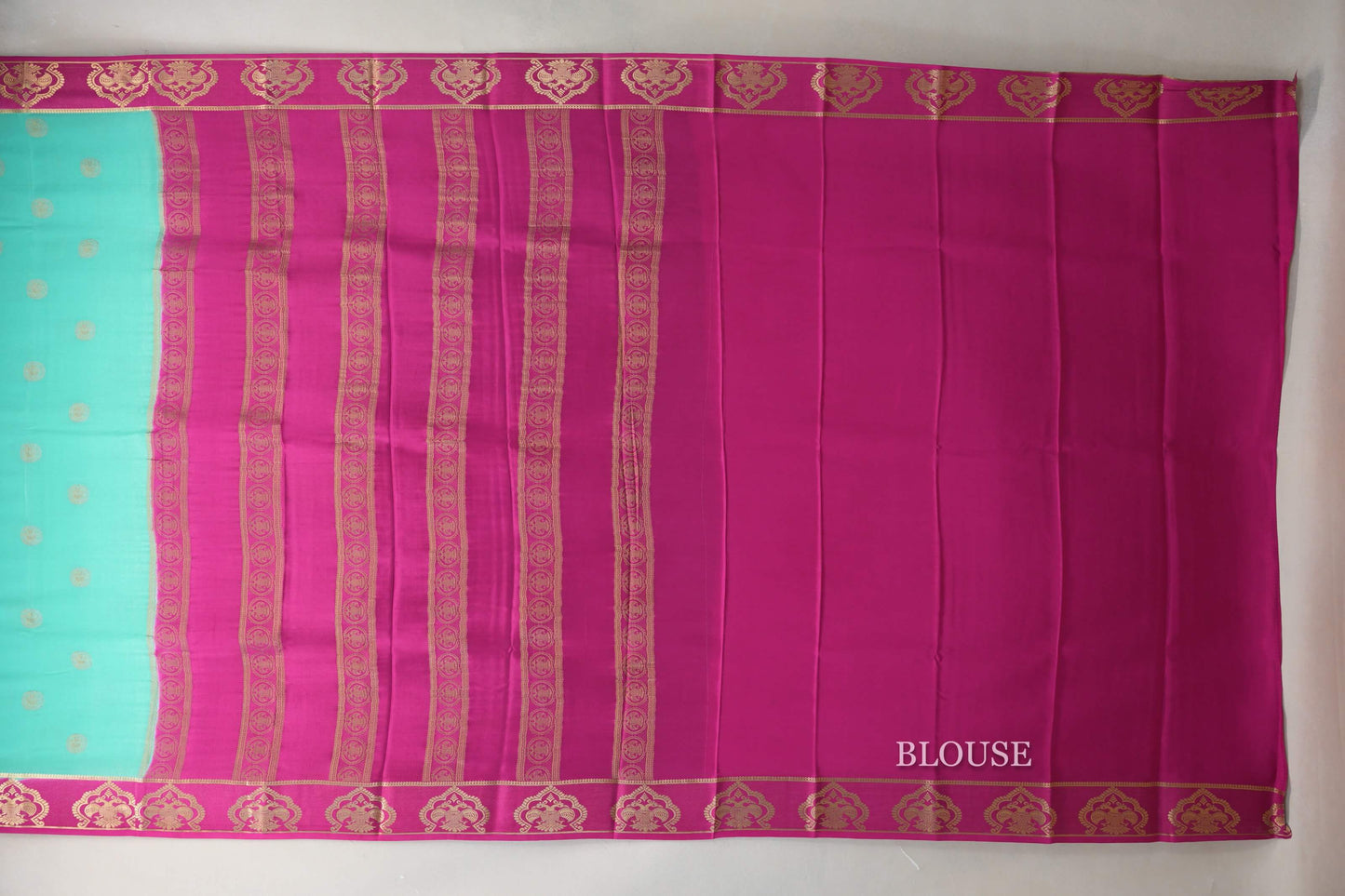 Aqua Blue with Rani Pink Borders Mysore Silk Saree blouse