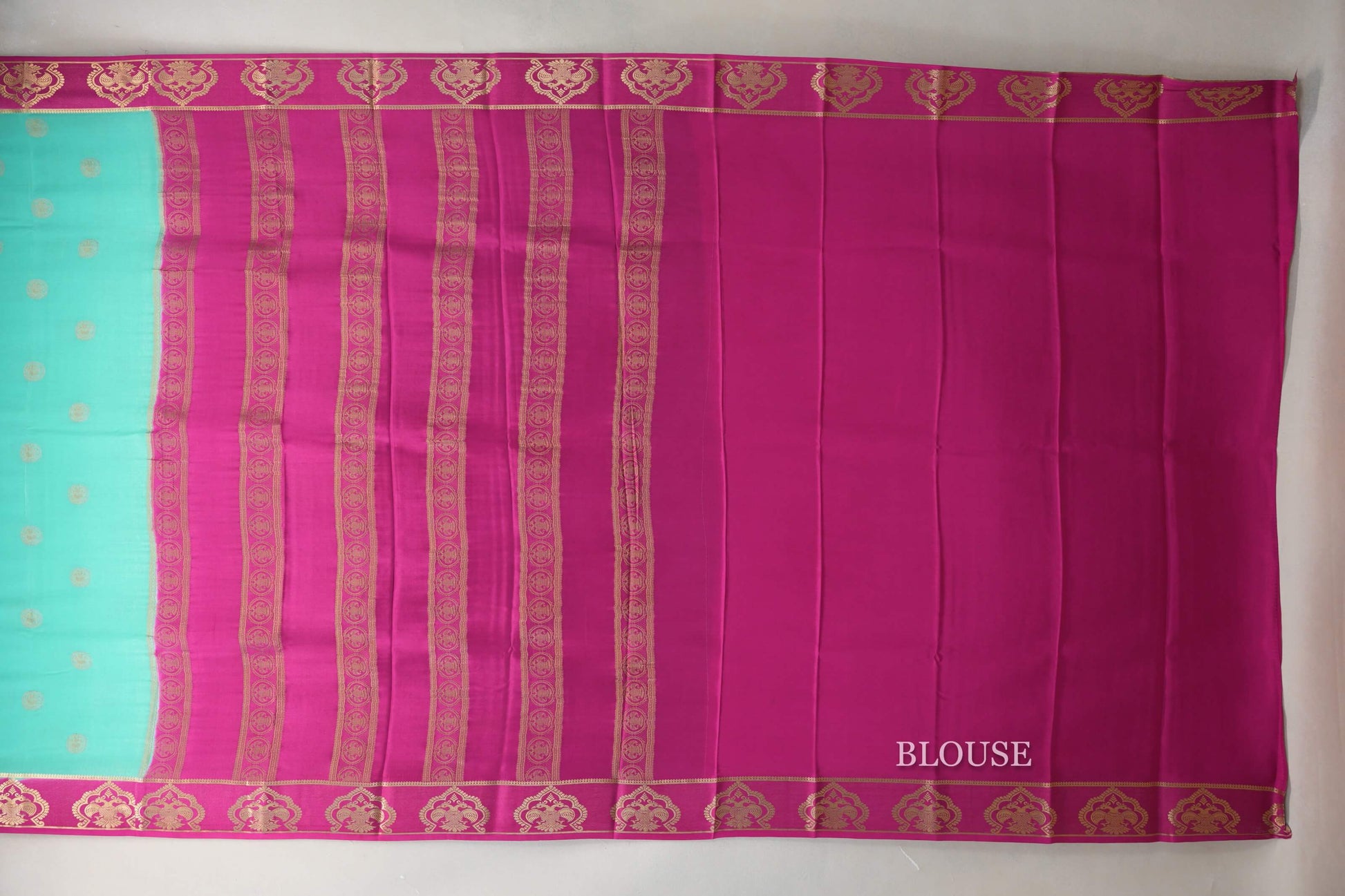 Aqua Blue with Rani Pink Borders Mysore Silk Saree blouse