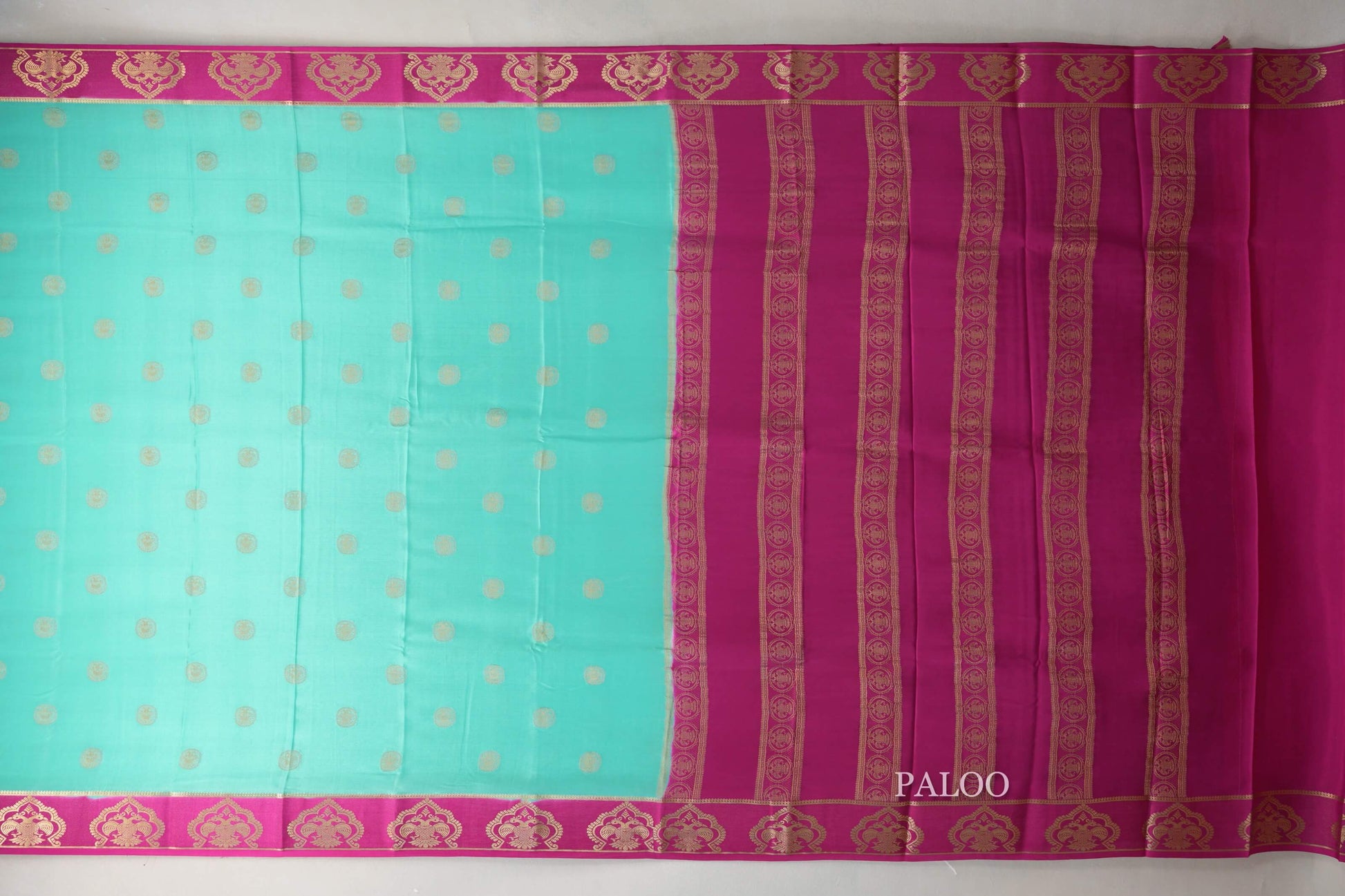 Aqua Blue with Rani Pink Borders Mysore Silk Saree paloo